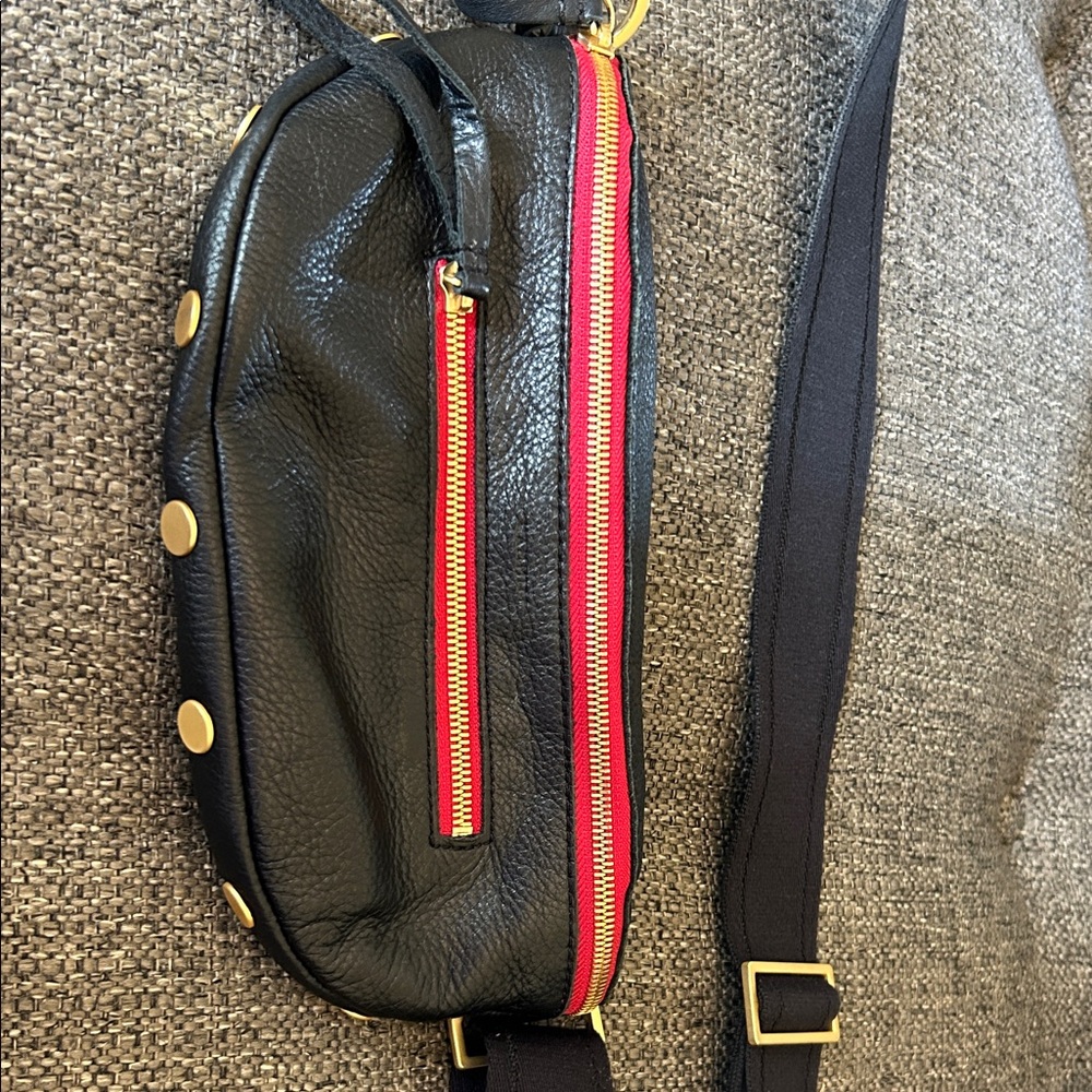 Black Leather Crossbody Bag with Red Accents